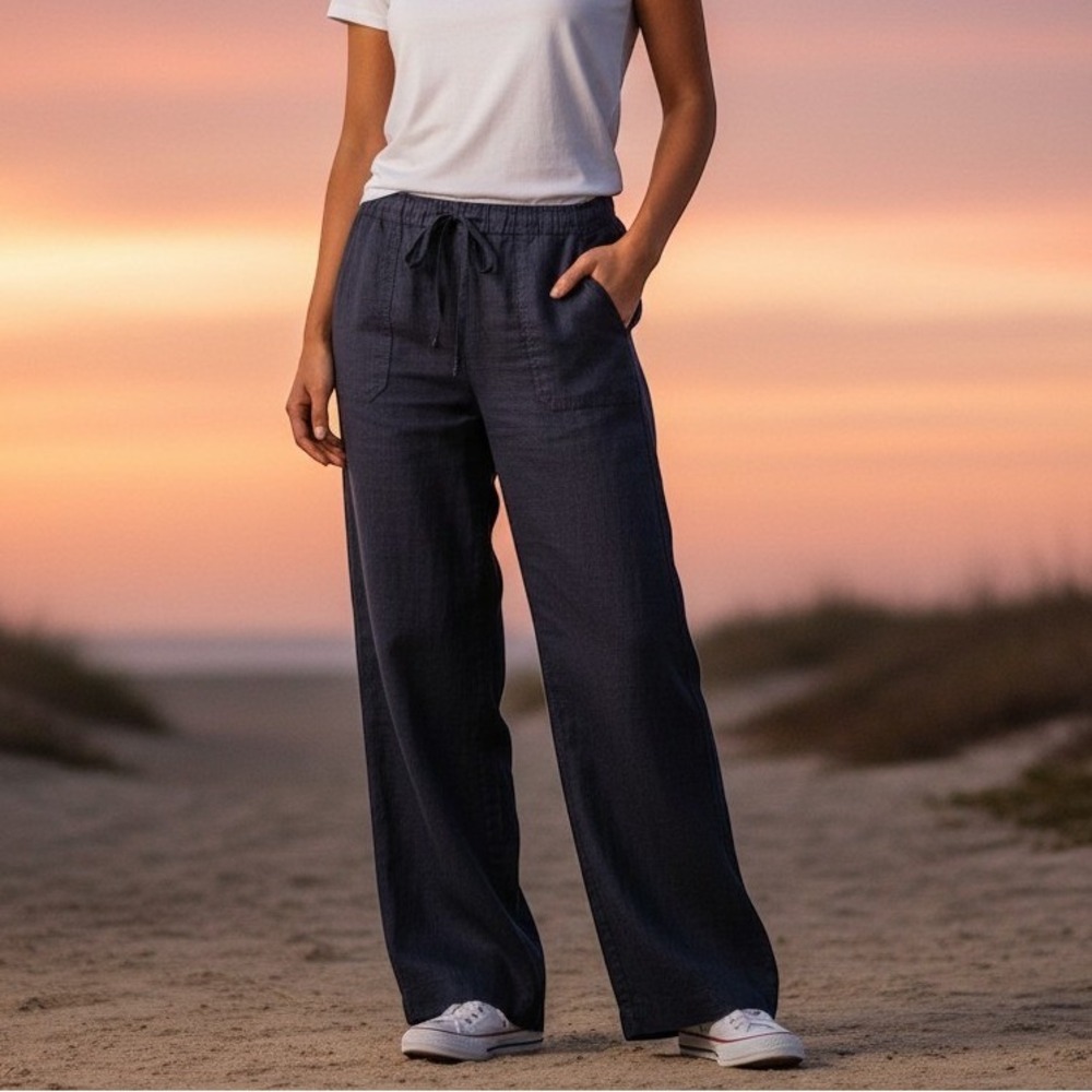 Allen Allen Navy Blue Linen Wide Leg Drawstring Pants Large Made in USA